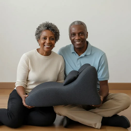 Couple sitting on floor with positioning pillow